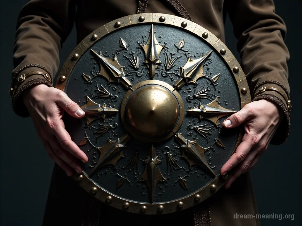 A hand holding onto the handle of a shield.