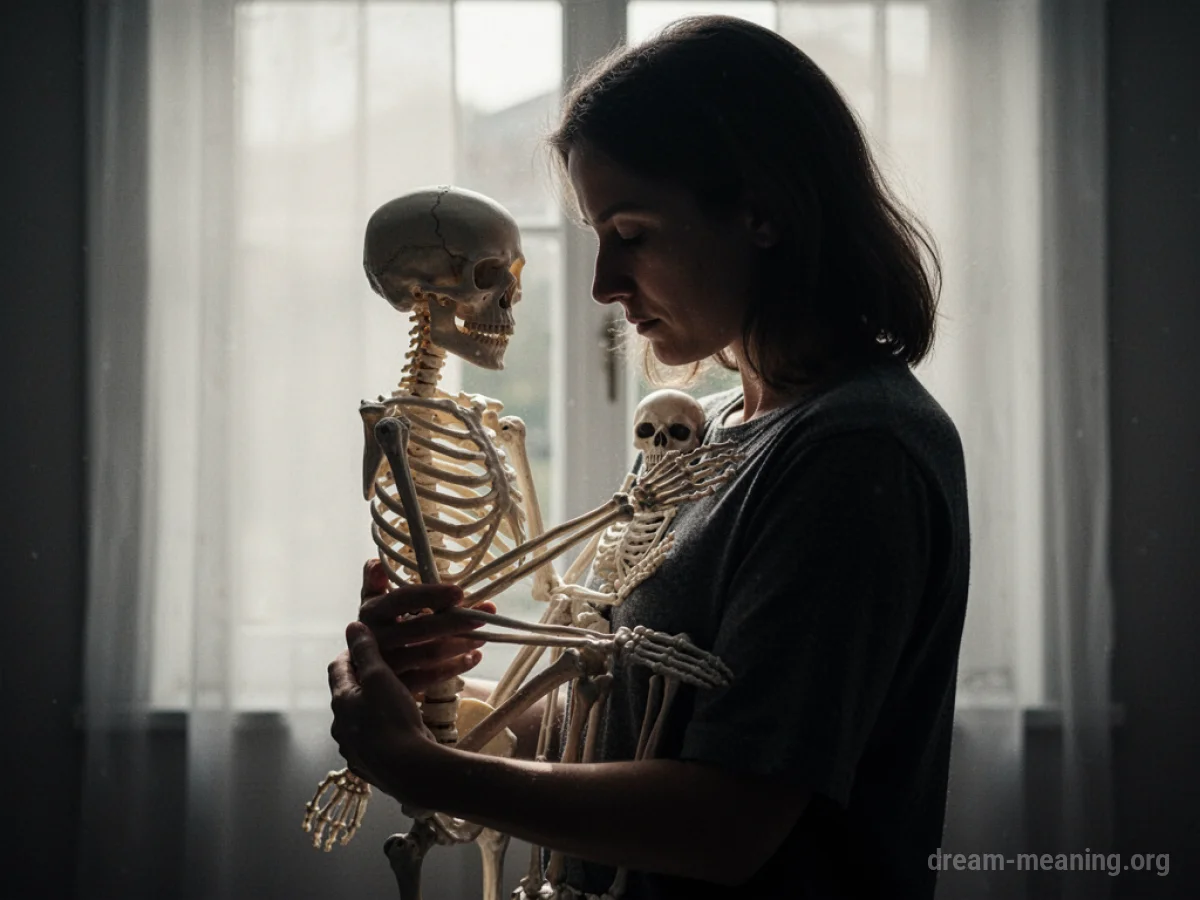 Silhouette of a person holding a skeletal figure.