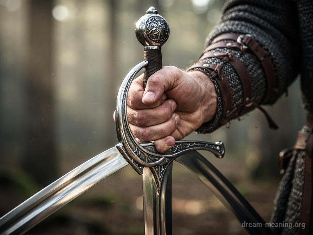 A hand holds the handle of a gleaming sword.