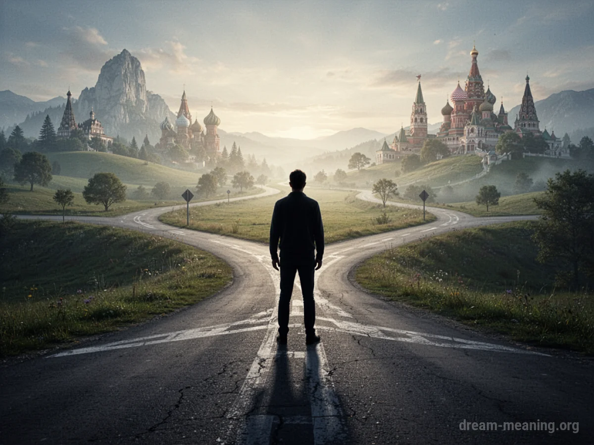 A solitary figure at a crossroads with faded landscape imagery.