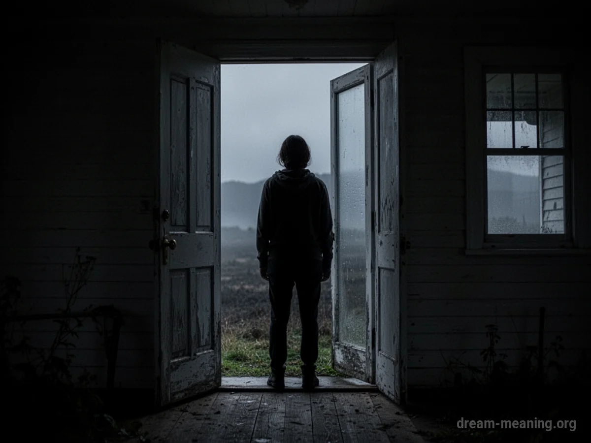 Silhouette of a person in a doorway looking out at a dark landscape.