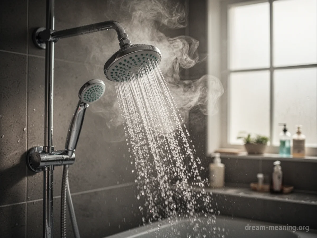 Steam rising from a showerhead with water flowing downwards.