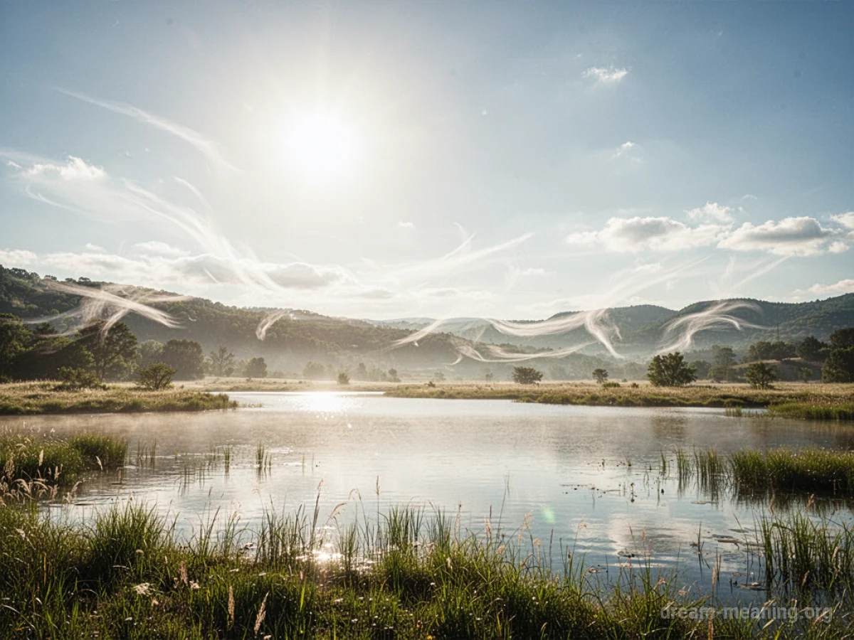 A wide, sunny sky casting warm light over a peaceful, open field.