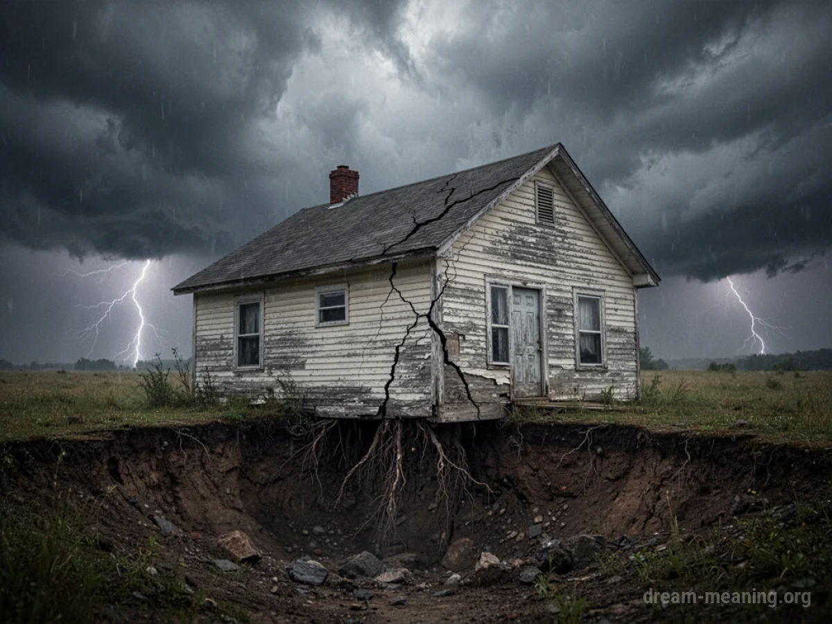 A house structure breaking apart with debris falling.