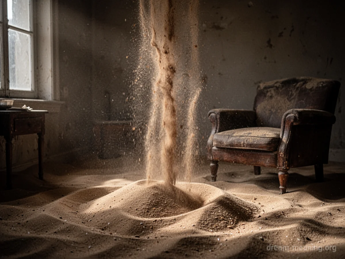 Sand cascading into a domestic interior, covering furniture and floor.