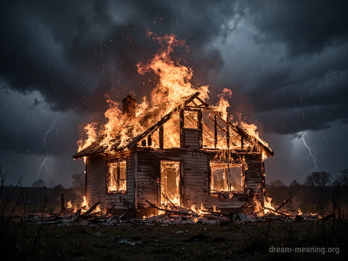A house silhouette with flames rising from it.