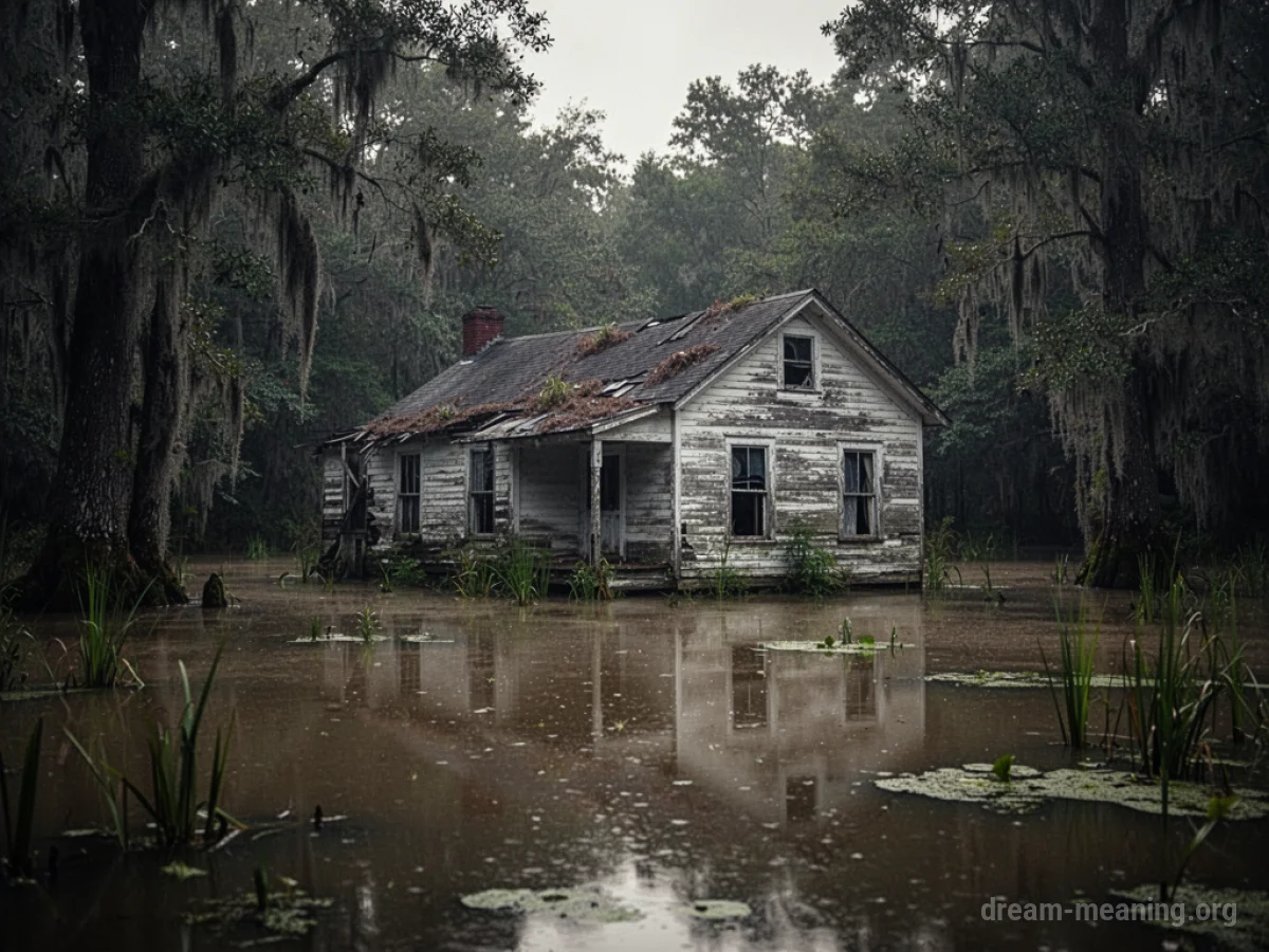 A house standing in murky swamp water surrounded by dark trees.
