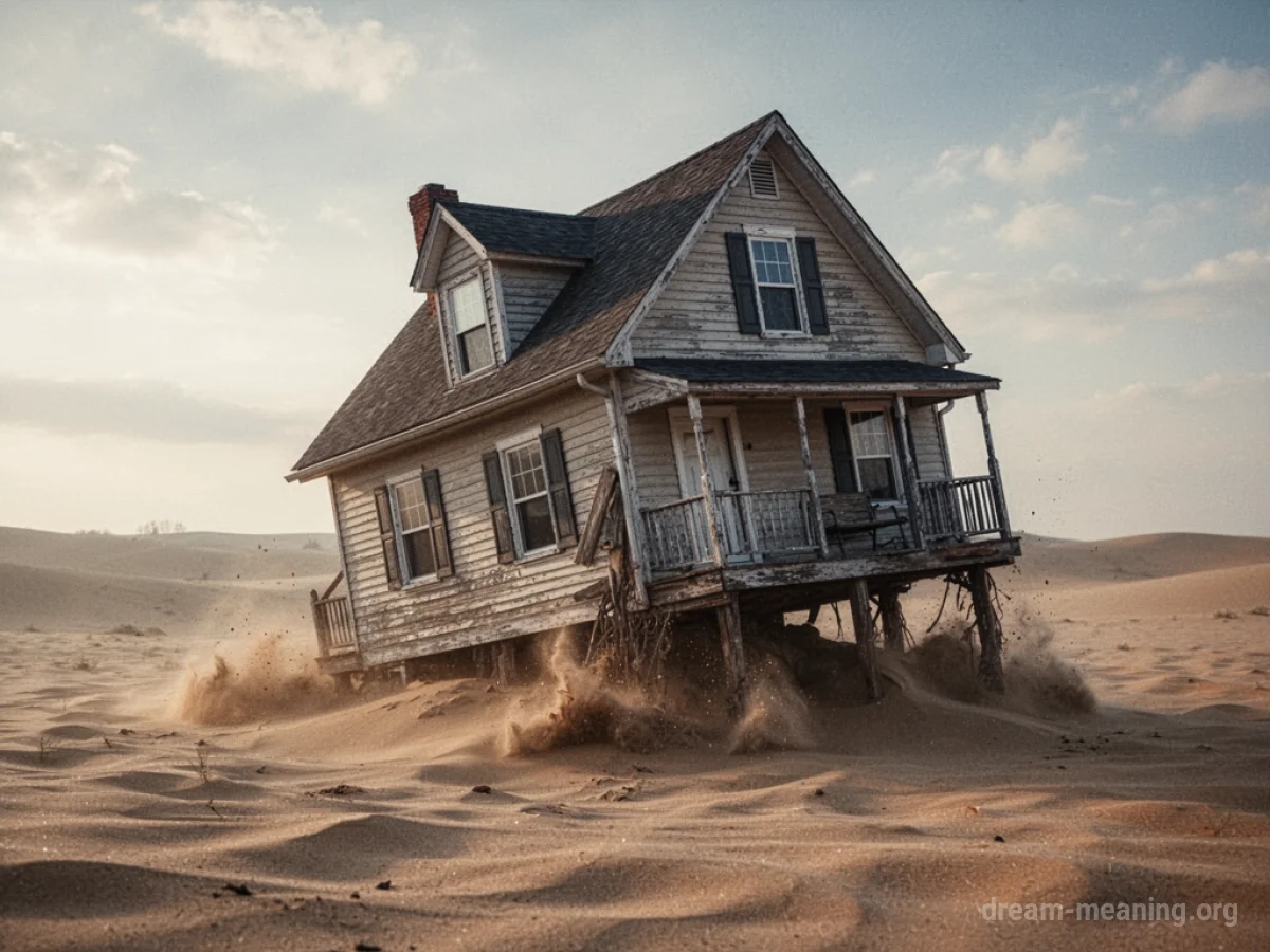 A house tilted on a sandy foundation with visible cracks.