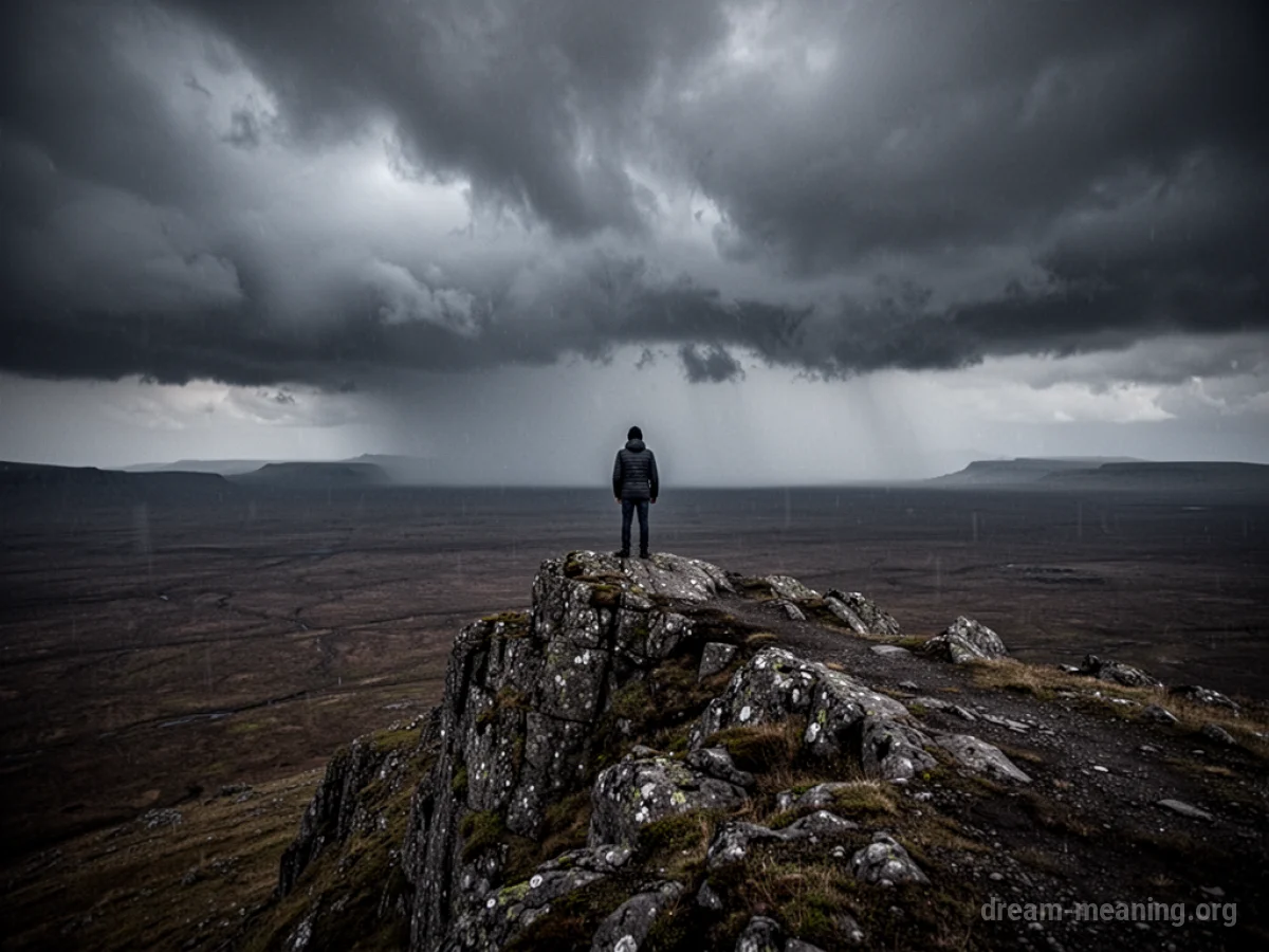 A lone figure on a rocky promontory against a stormy, desolate backdrop.