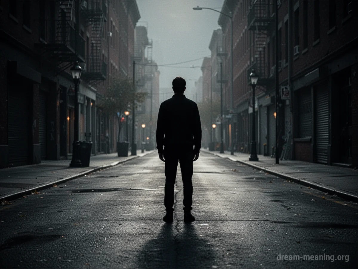 A lone silhouette figure stands on a deserted street at night.