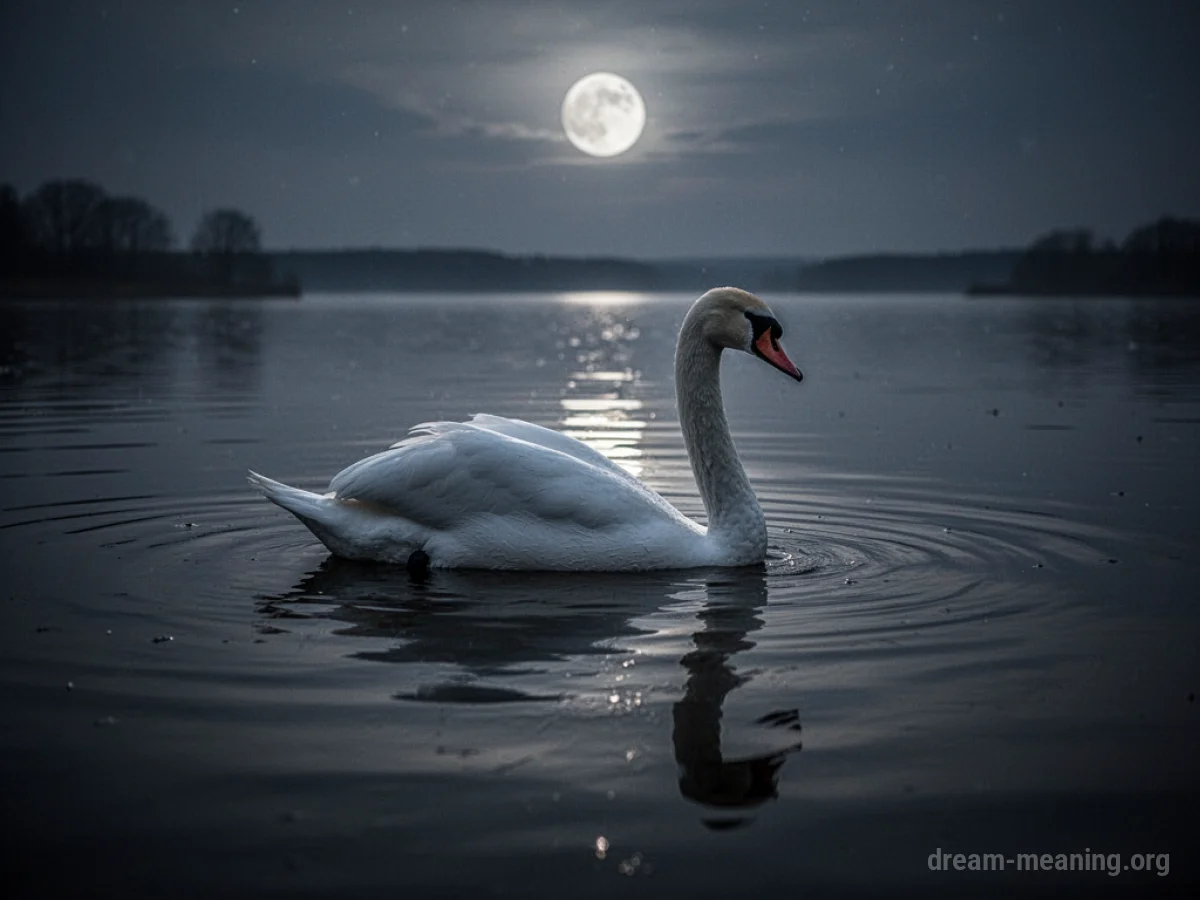 A white swan on dark water under moonlight.