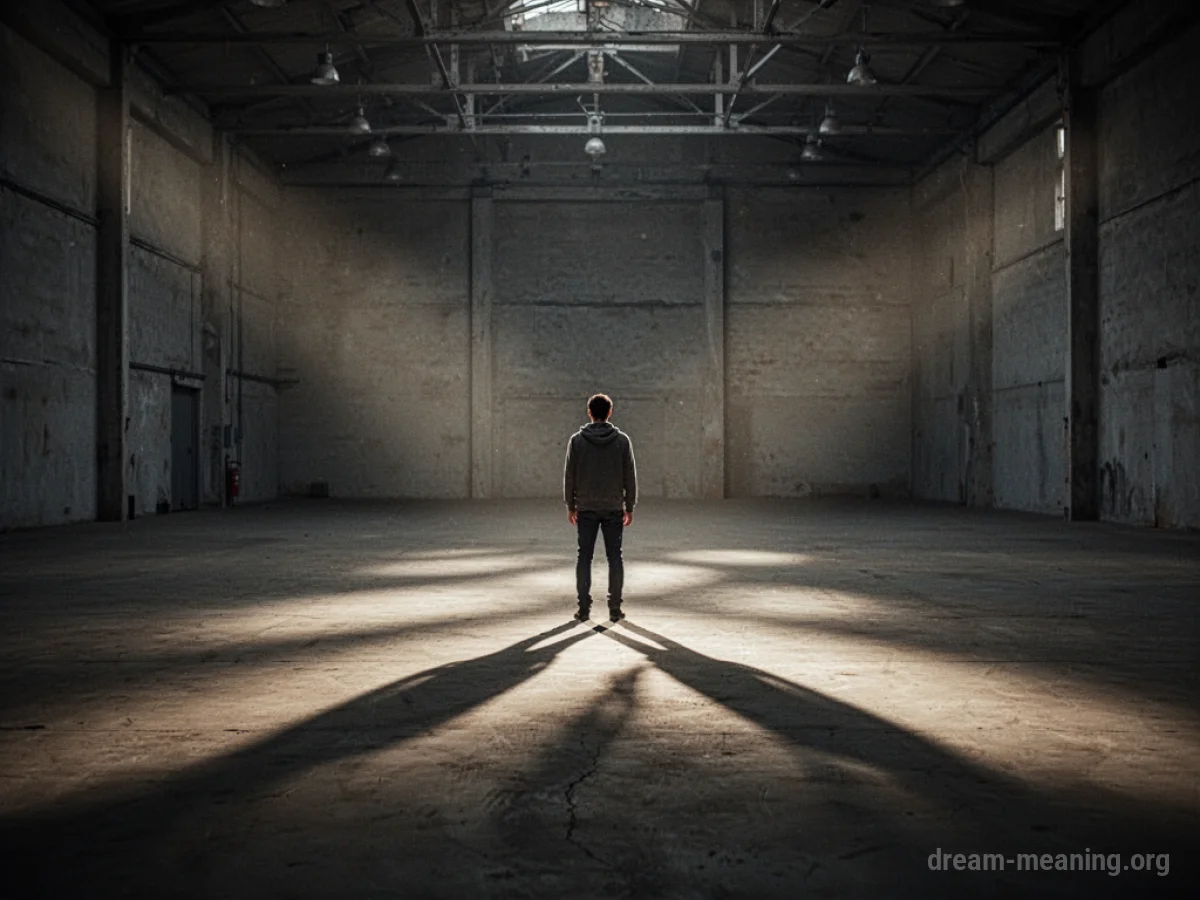 Silhouette of a person in a large, dark, empty space with long shadows.