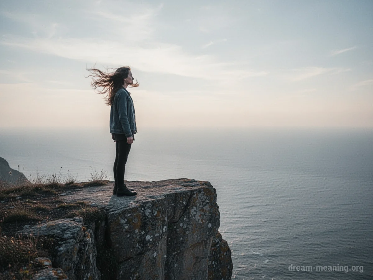 A person stands silhouetted against a wide, open sky at the edge of a cliff.