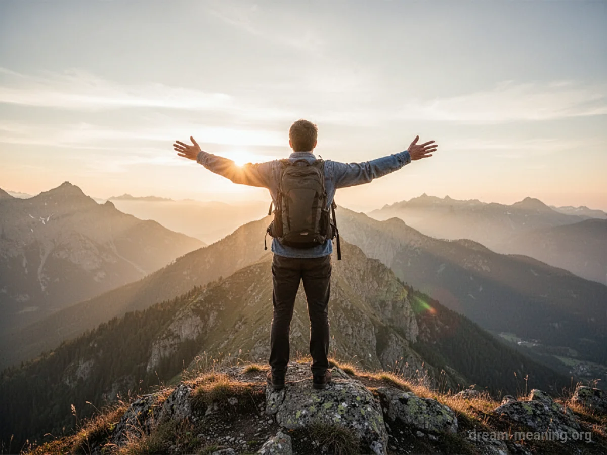 A person standing on a mountaintop with arms outstretched towards the sun.