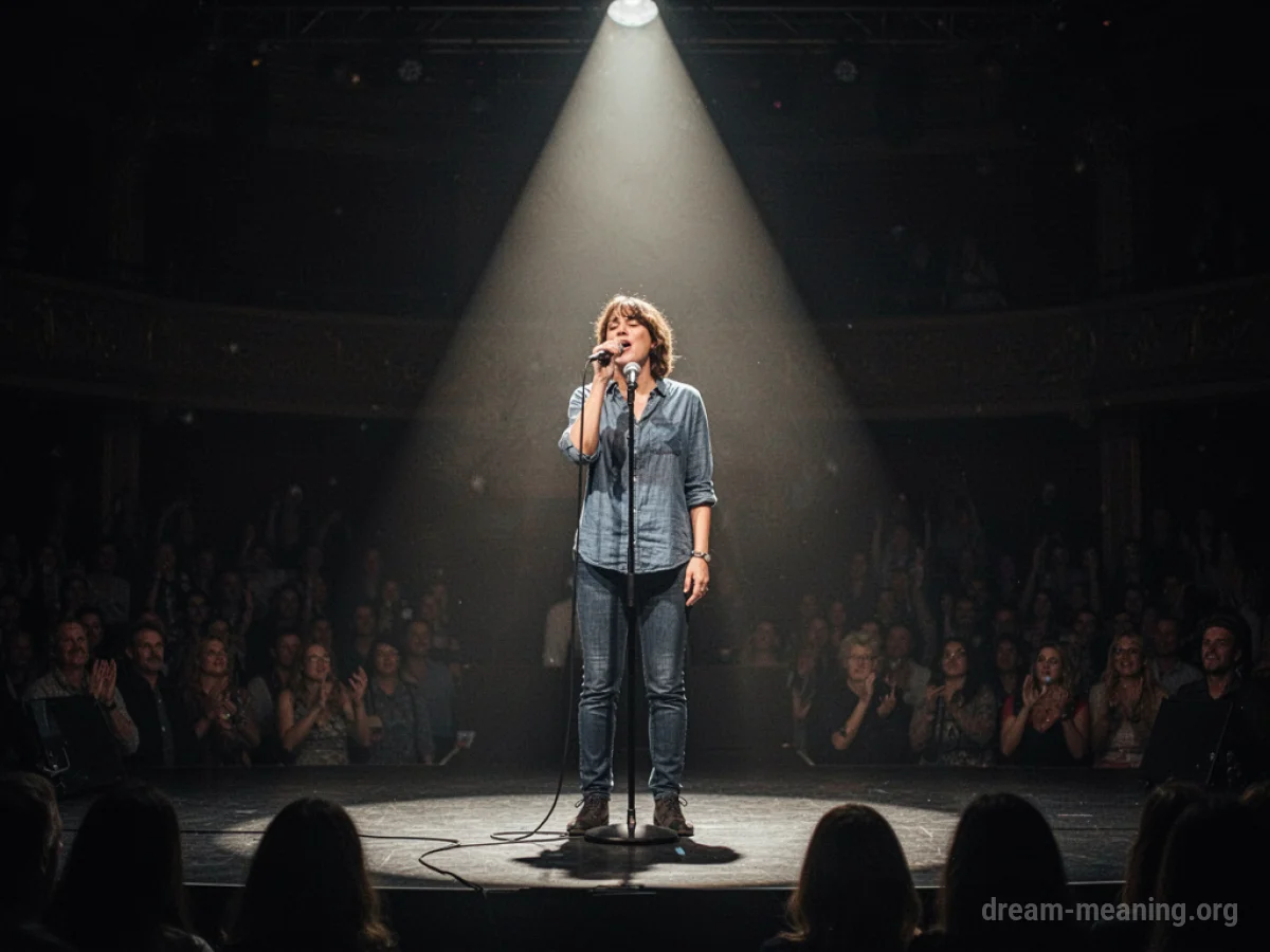 A solitary figure singing into a microphone on a stage.