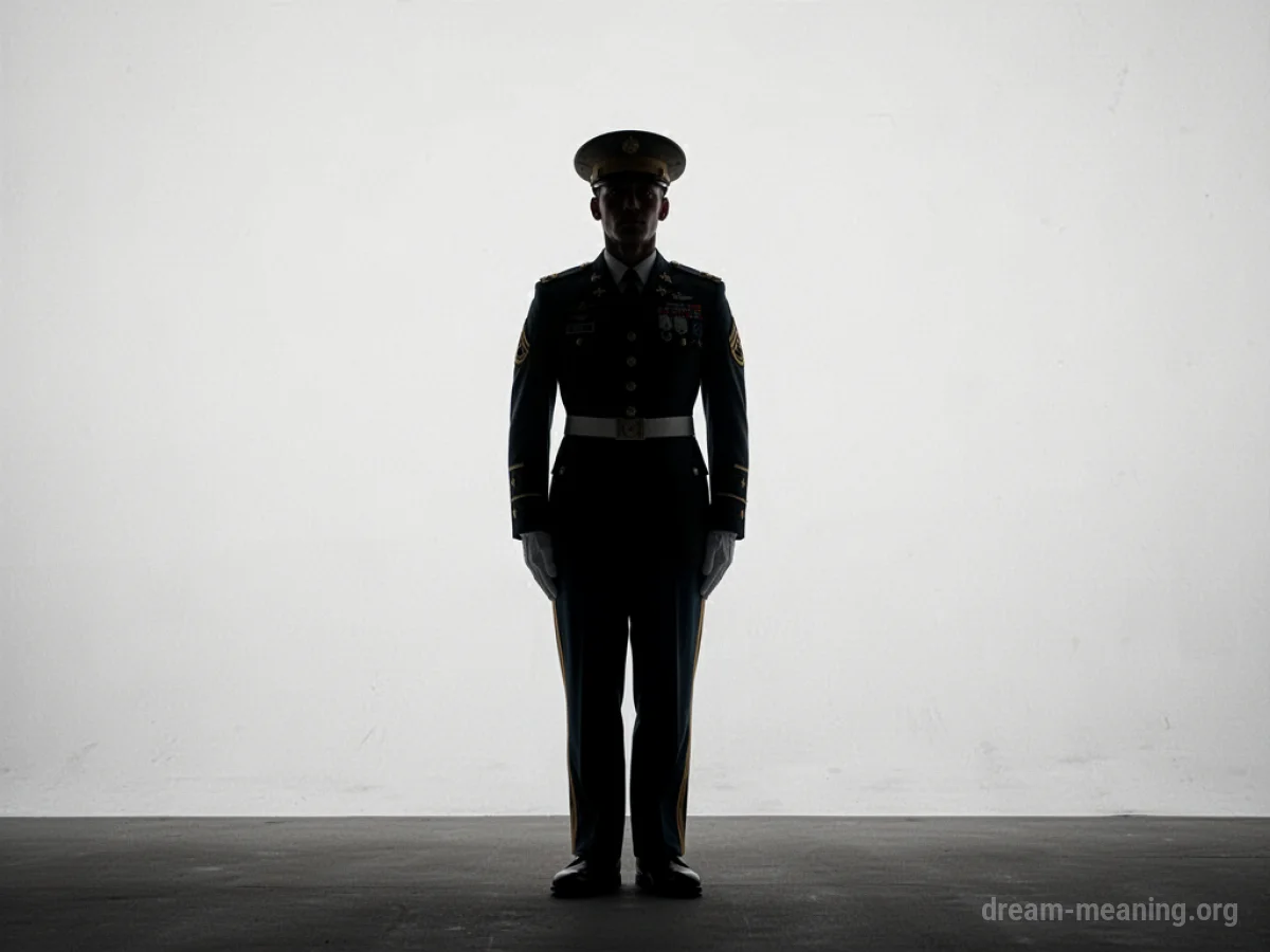 Silhouette of a person in military uniform standing at attention.