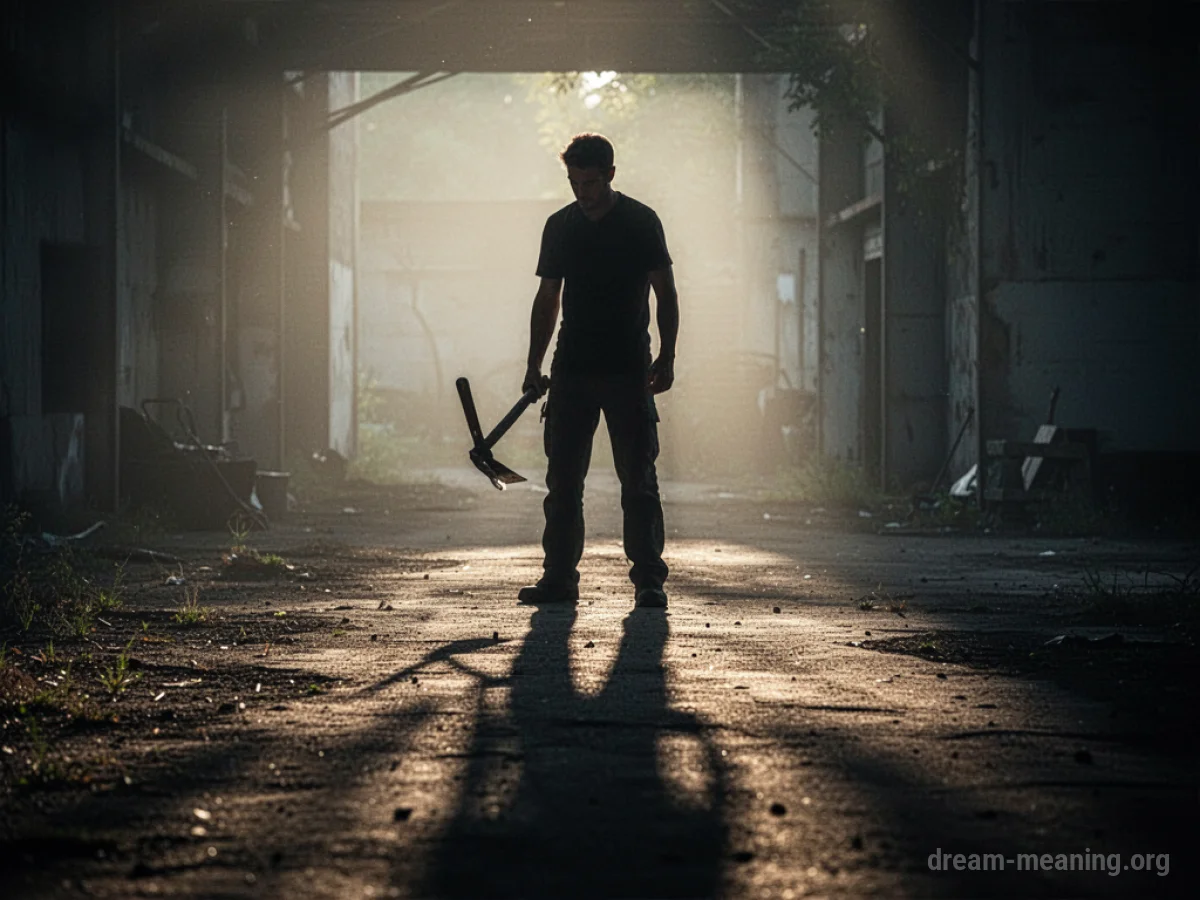 Silhouette of a person holding a tool against a dark background.