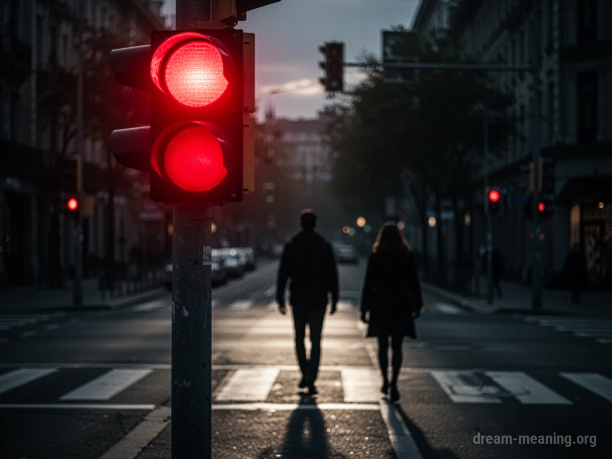 A blurred red traffic signal light at an intersection at night.