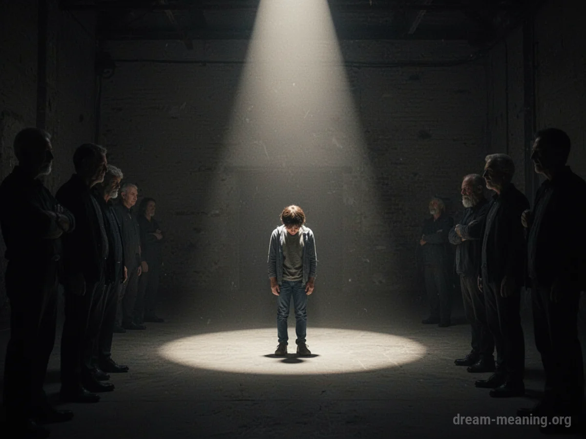 A lone figure illuminated by a spotlight, dwarfed by the darkness and indistinct shapes surrounding them.
