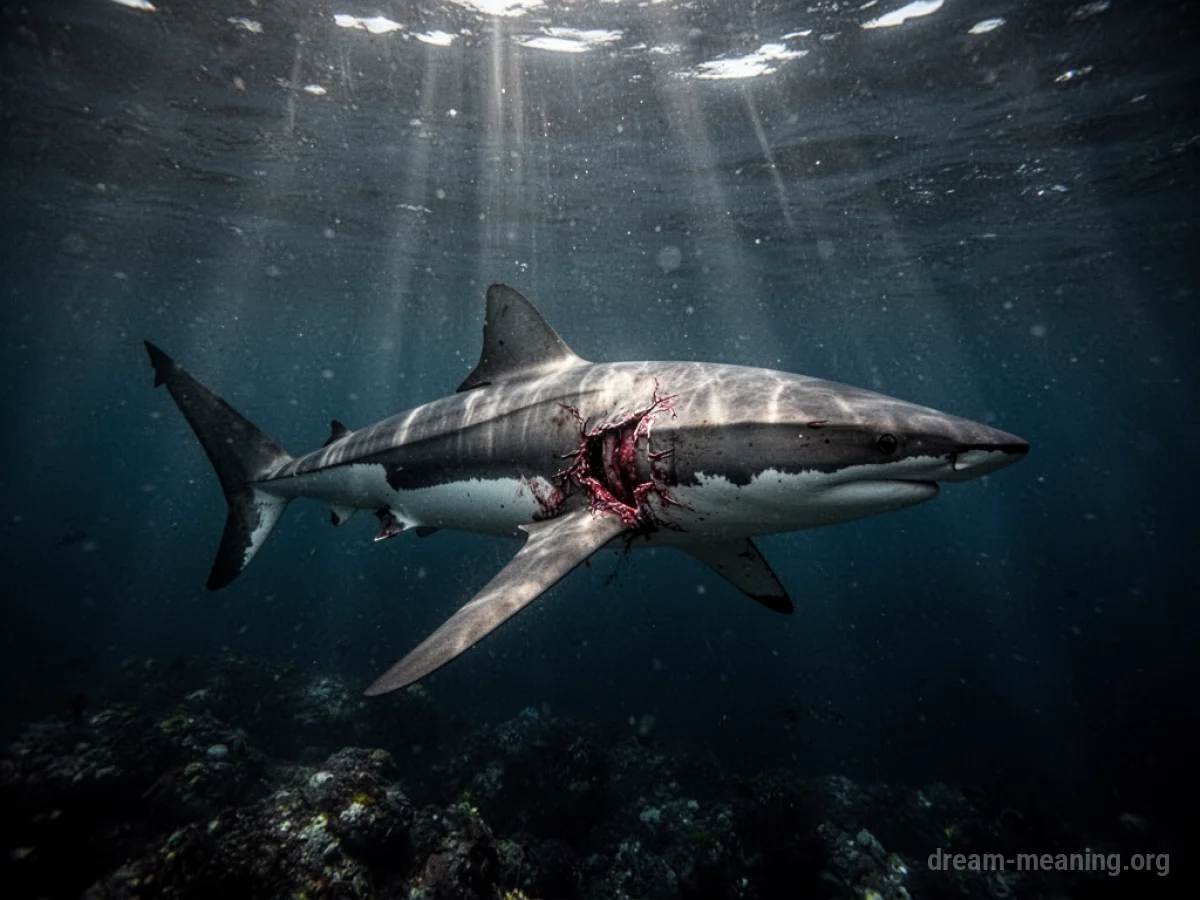 A shark with a visible injury swims in dark water.