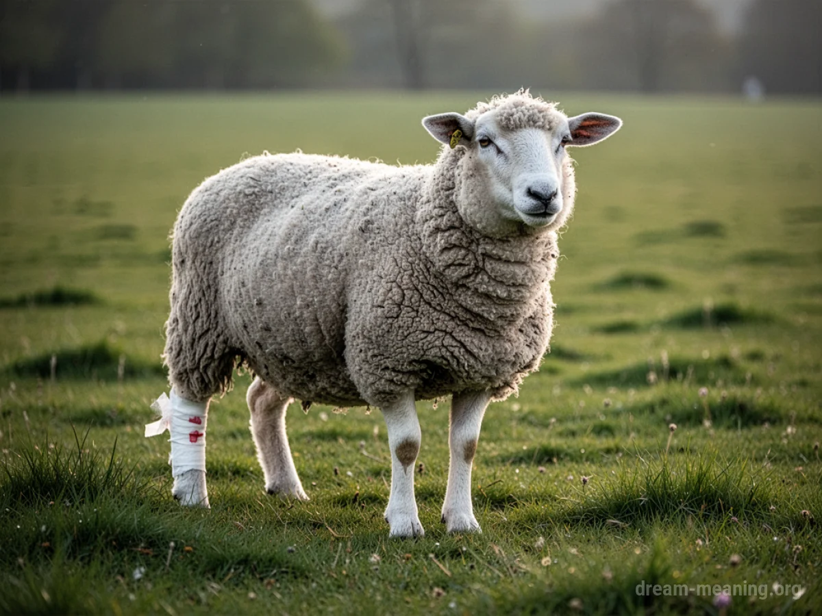 A sheep with a bandage on its leg standing in a field.