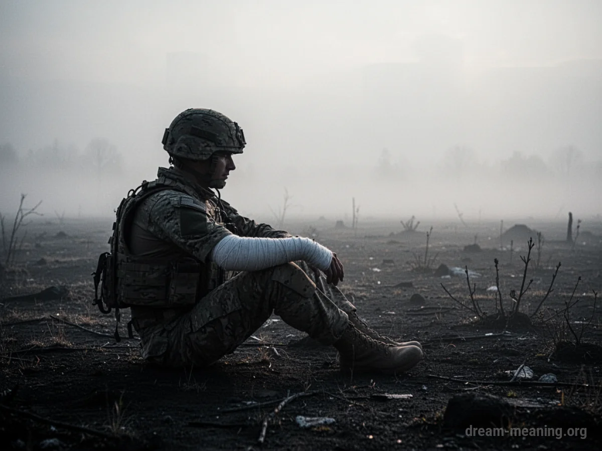 Silhouette of a soldier with a bandaged arm sitting alone in a misty field.