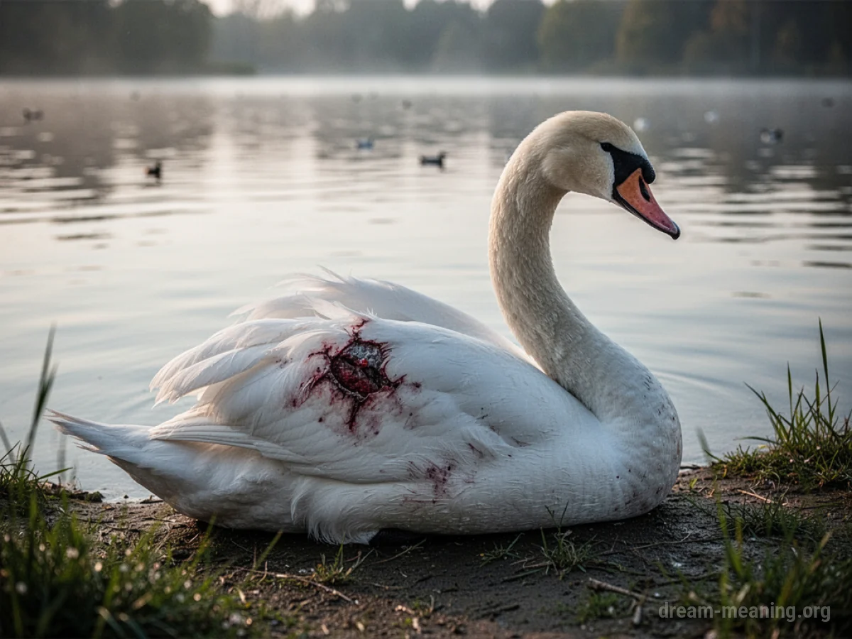 A swan with a visible injury on its wing sits near the edge of a lake.