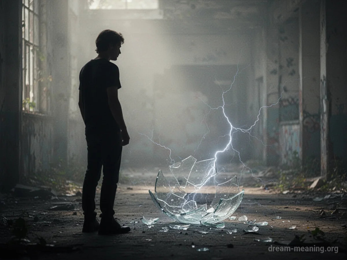 Silhouette of a person near a broken object with faint energy lines.