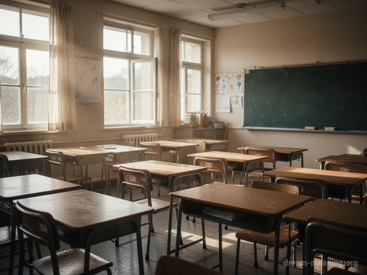 Rows of empty desks and chairs in a sunlit classroom.