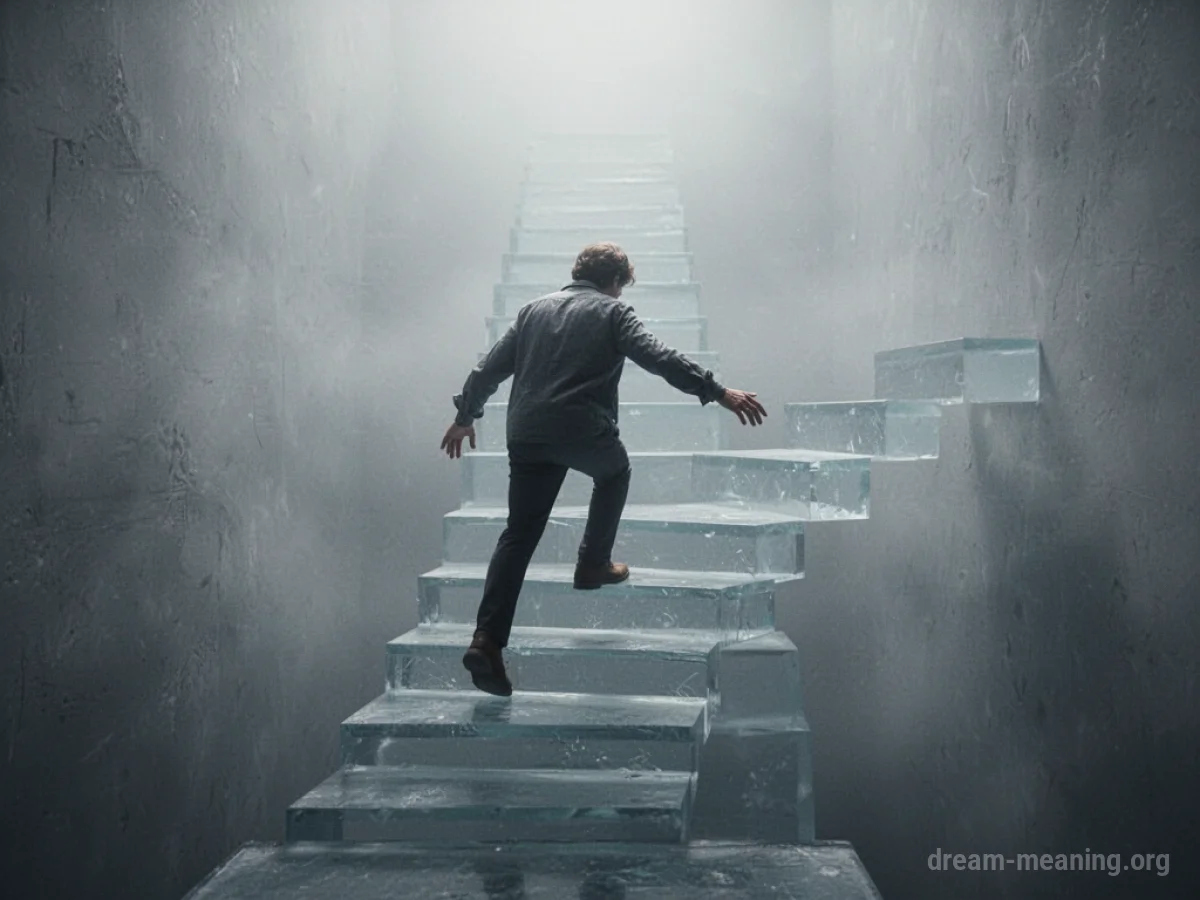 A person reaching for unseen stairs in mist.