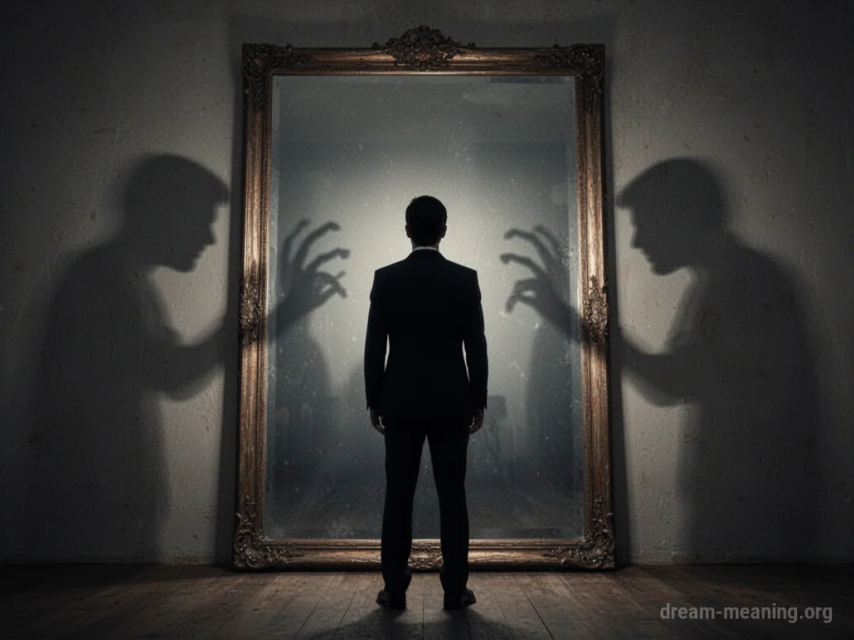 A dark silhouette figure stands facing a mirror, with shadowy figures looming behind.