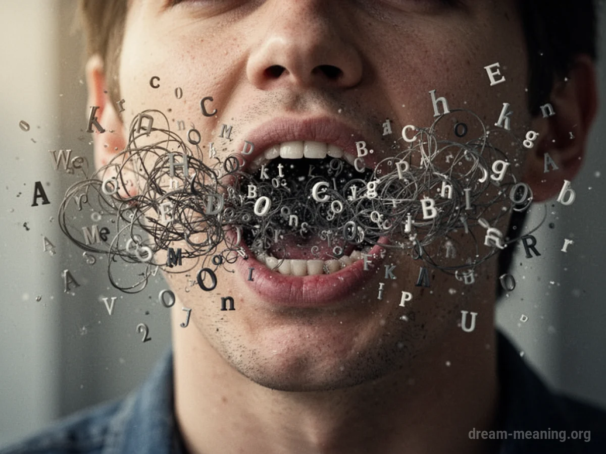 A cloud of tangled letters and words emerging from an open mouth.