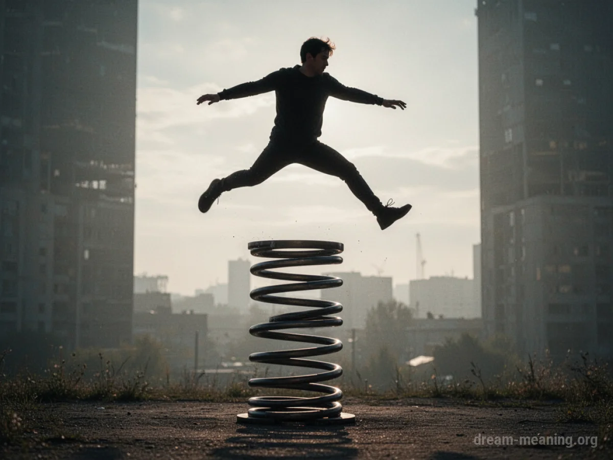 Silhouette of a person jumping upwards from a metal spring.