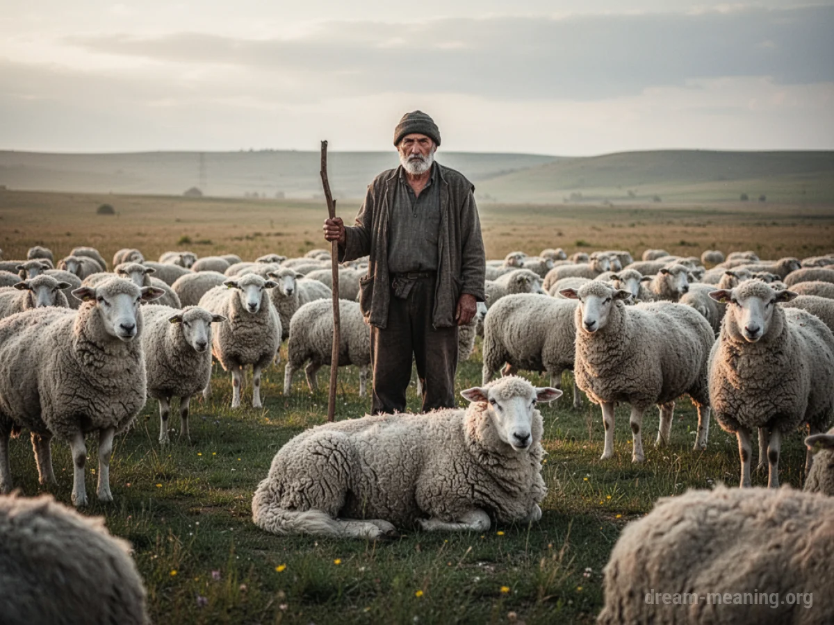 A shepherd stands in a field looking down at a single sheep.
