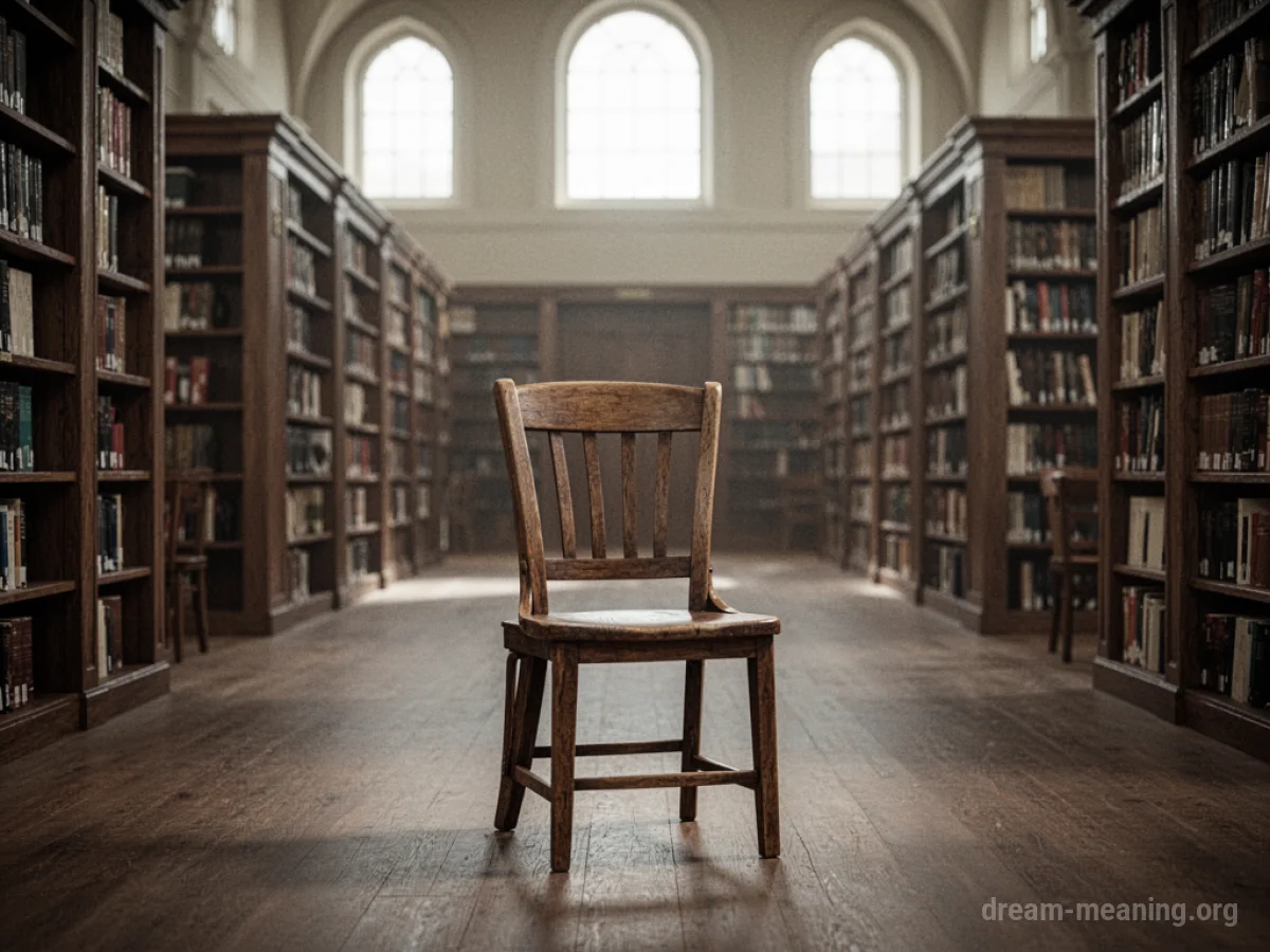 An empty chair in a quiet library reading room with tall bookshelves.
