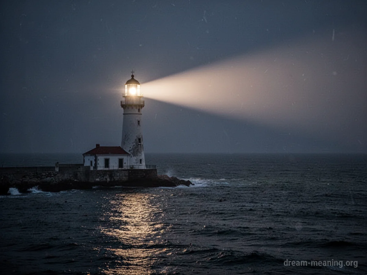 A lighthouse beam shines across dark water.