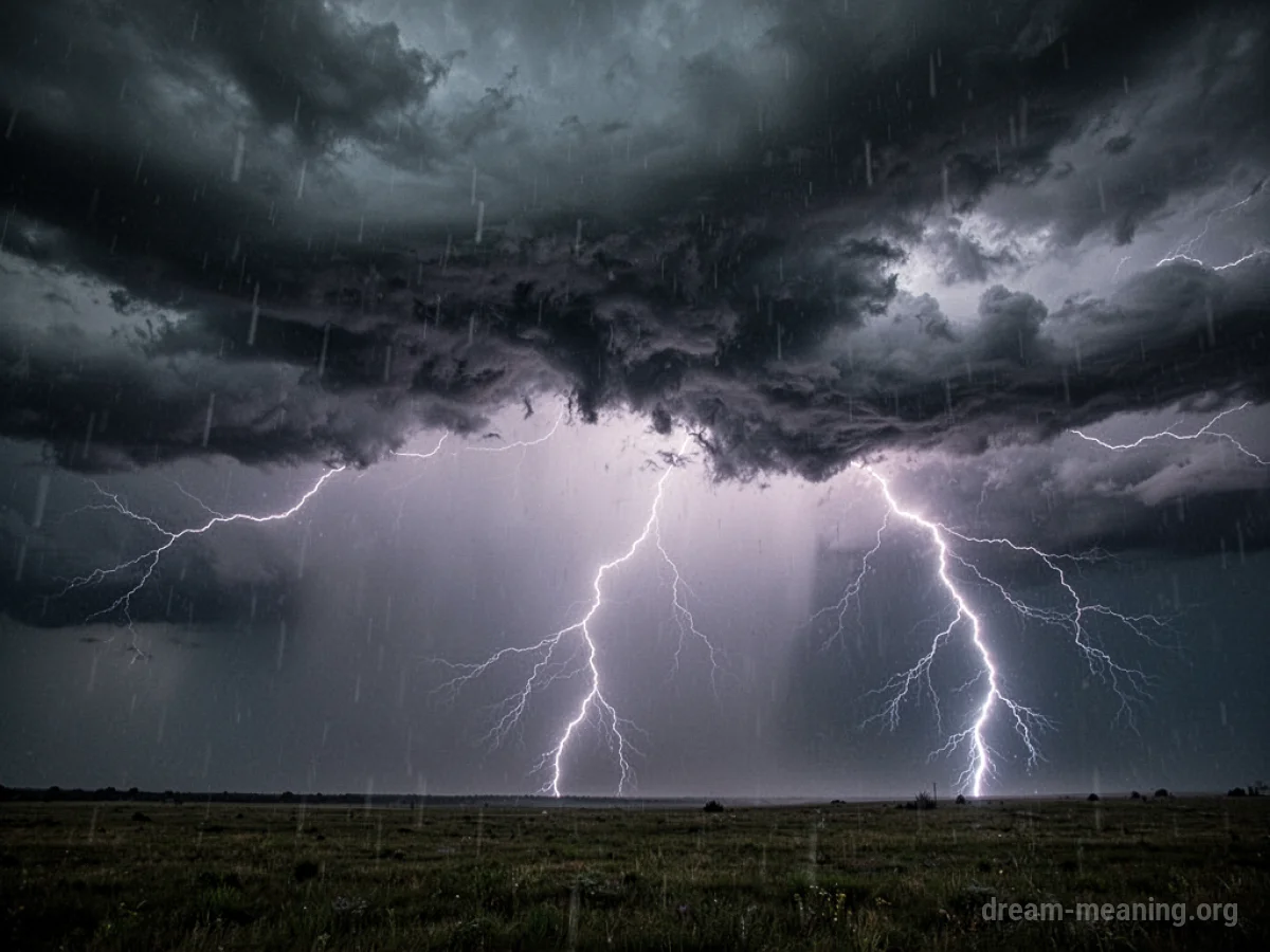 A stormy sky with visible lightning strikes and heavy rain.