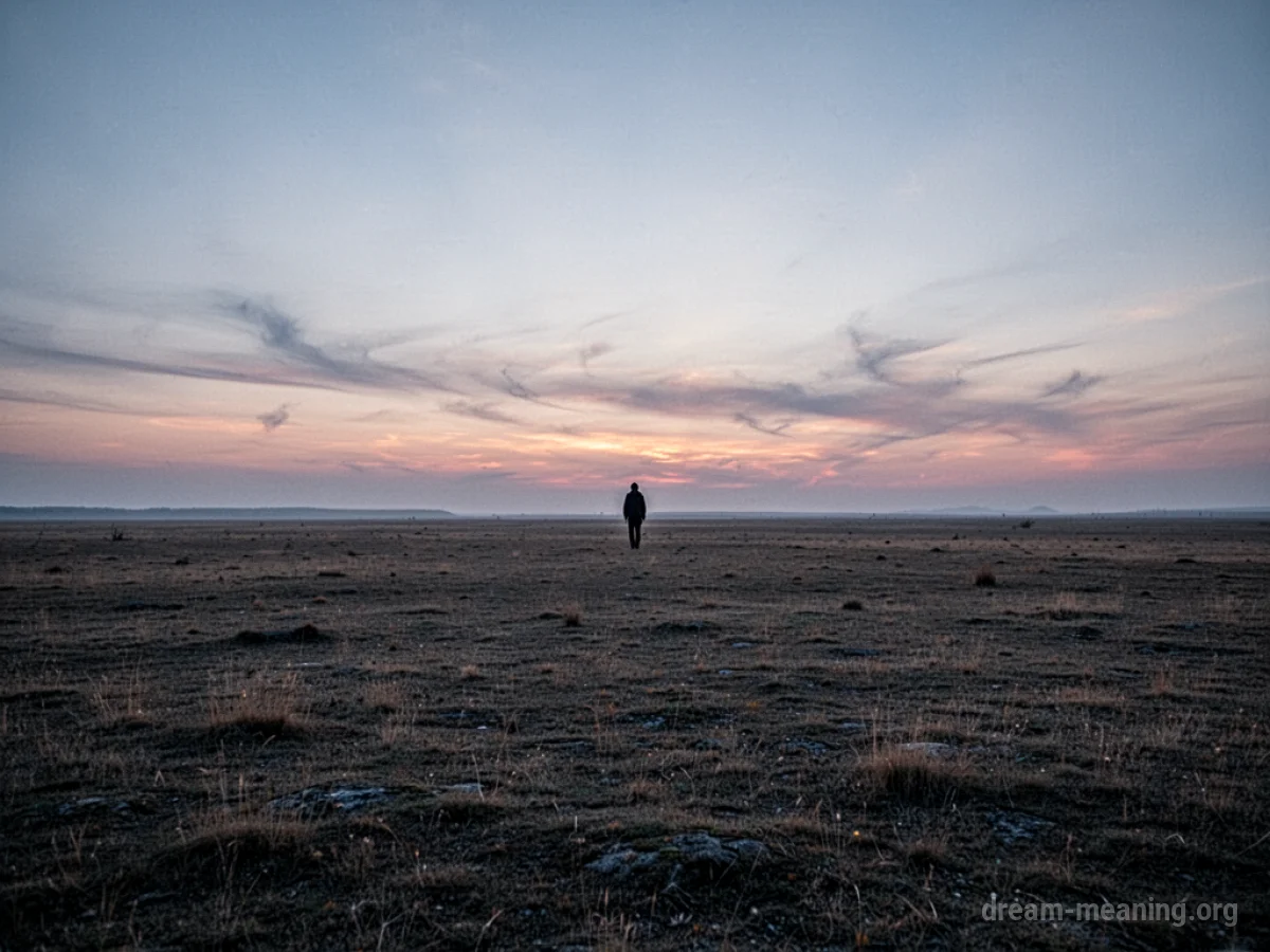 A distant silhouette stands alone in a wide, empty landscape.