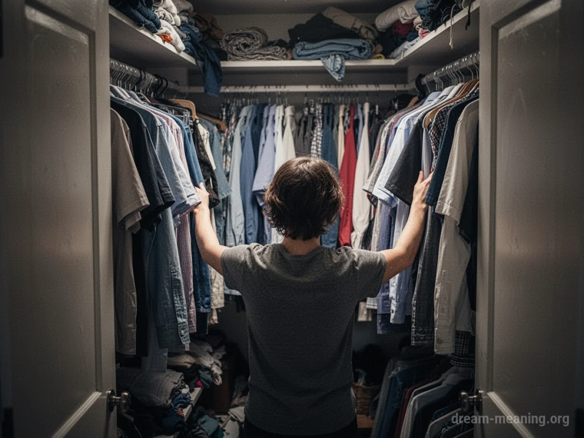 A person's hands sifting through a pile of folded shirts.
