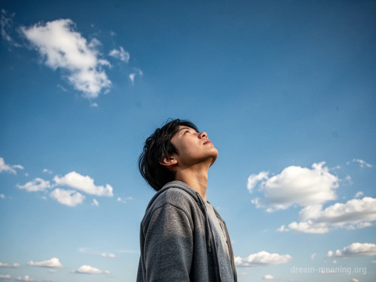 A person gazing upwards at a wide blue sky.