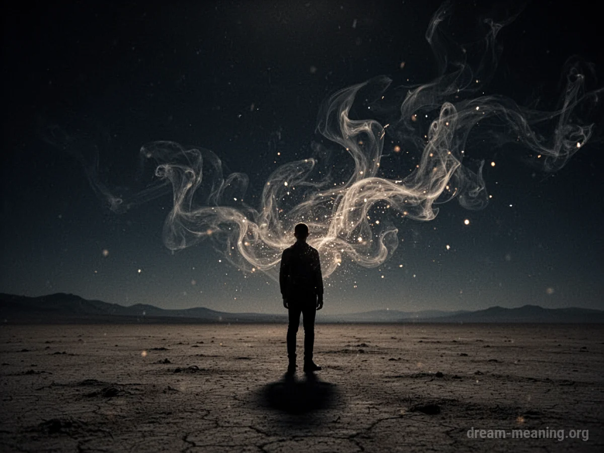 Silhouette of a person on a desolate plain with faint lights moving away.
