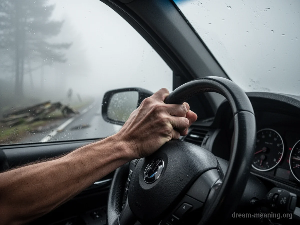 A hand gripping a steering wheel as a car veers off a road into thick fog.