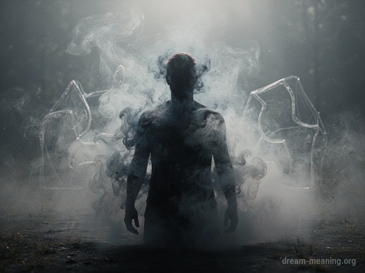 A dark silhouette fading into a swirling grey mist.