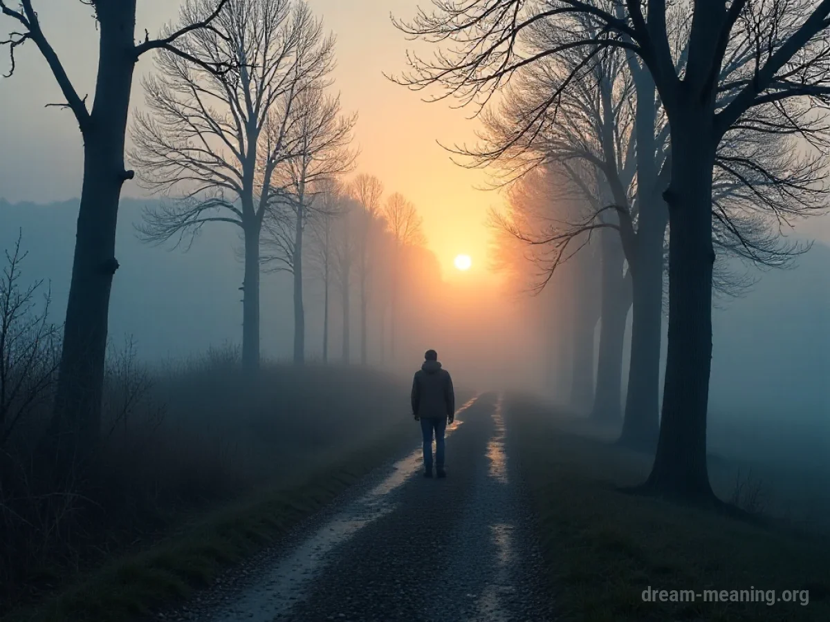 A lone figure viewed from behind, looking down a path towards a distant, fading silhouette.