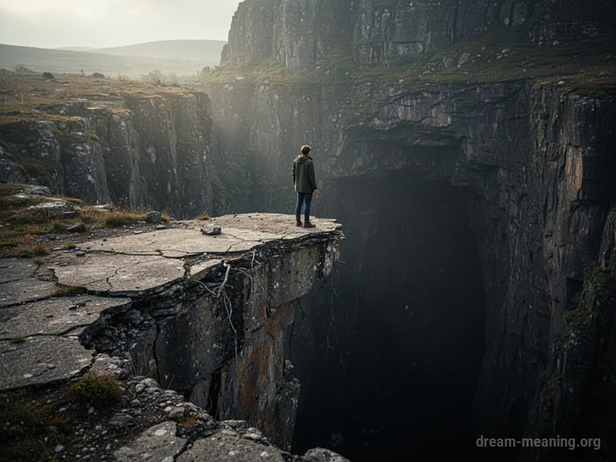 A person standing at the edge of a cliff with the ground breaking away.