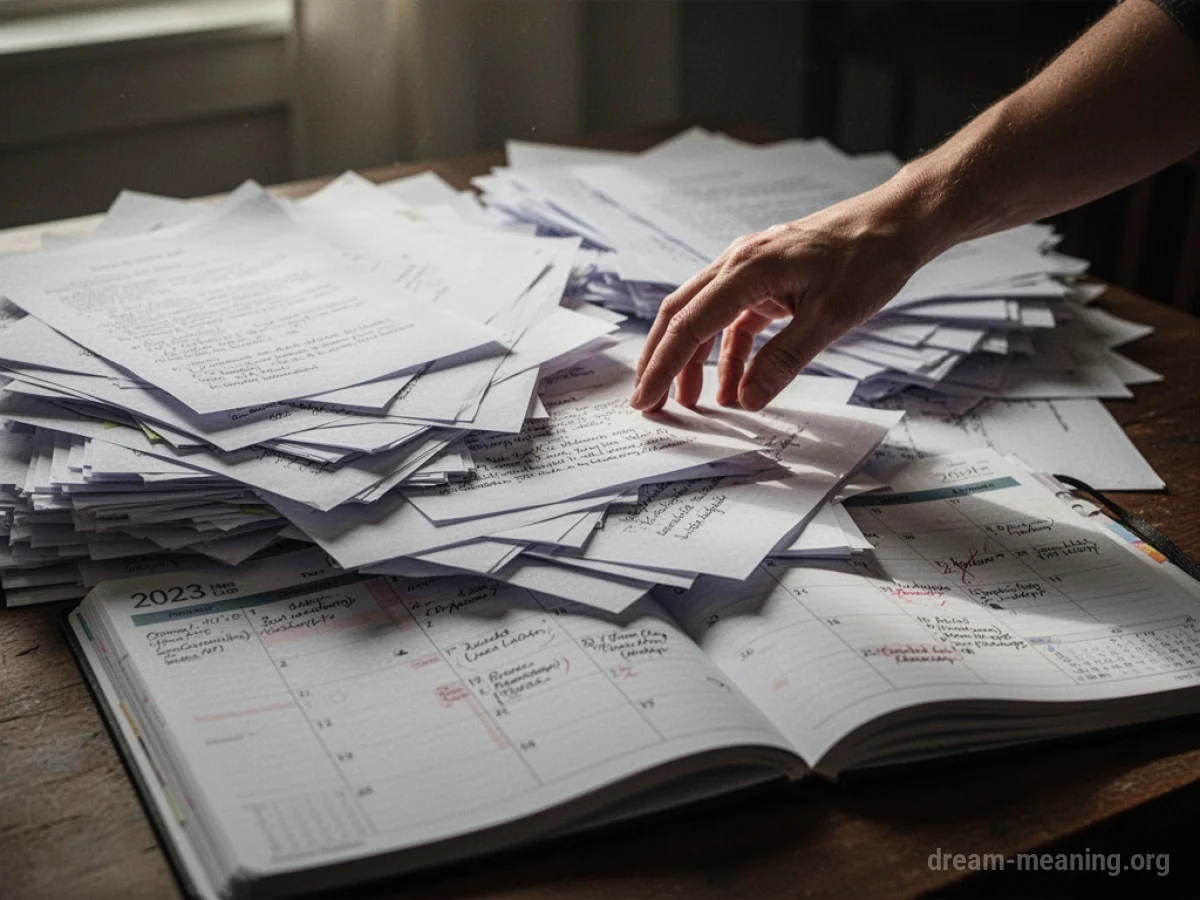 Scattered papers and planner pages with a hand reaching.