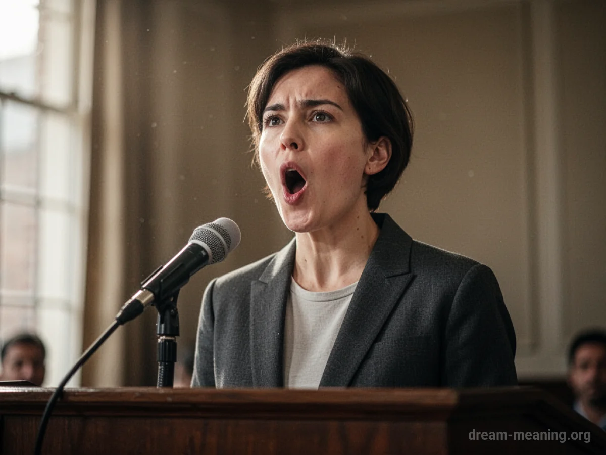 A person at a podium, mouth open, with a muted microphone.