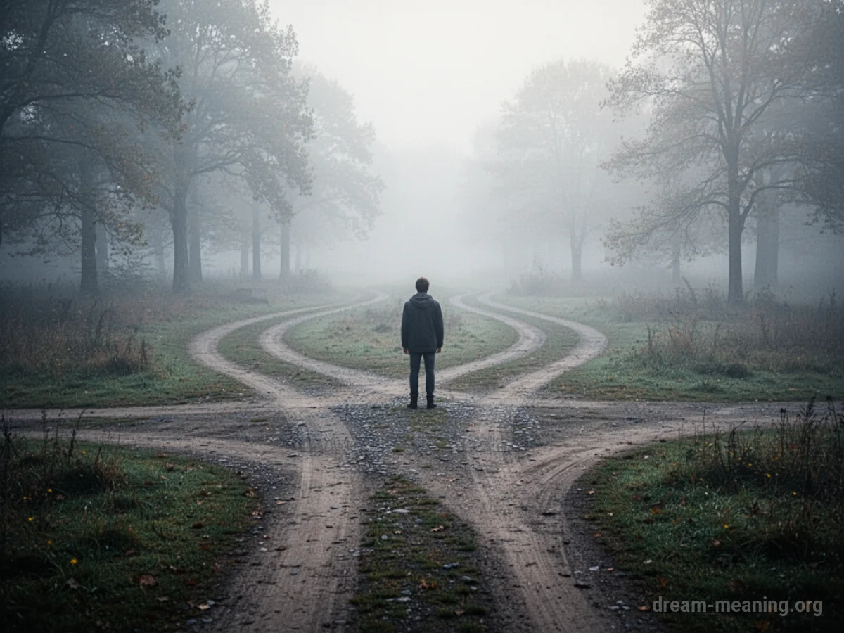 A person at a foggy crossroads with many paths.