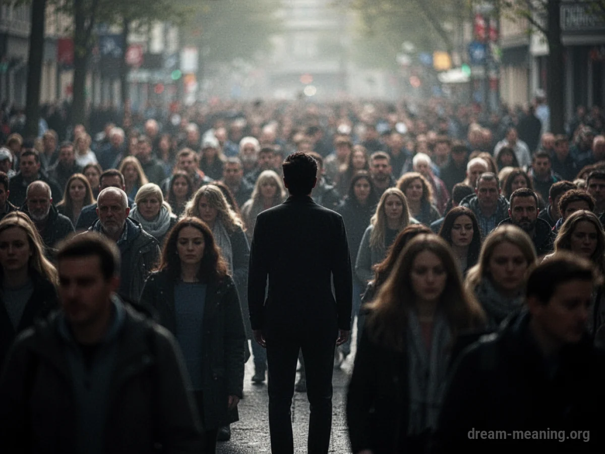 A lone person's silhouette surrounded by an indistinct crowd.