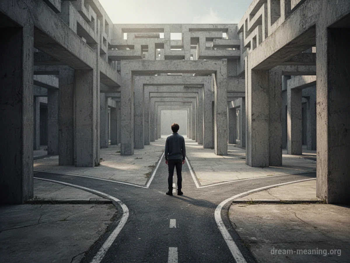 A person stands at a branching corridor within a large, featureless building.